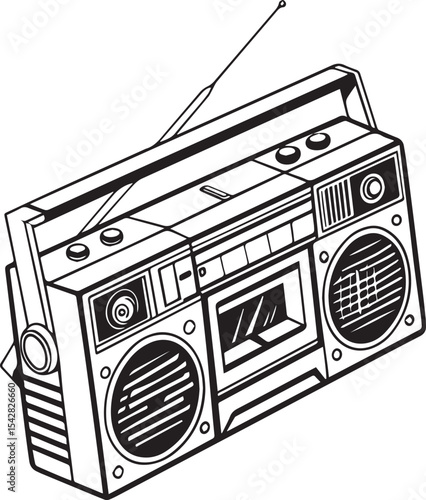 Vintage Boombox Silhouette Vector Clipart, Retro Radio Cassette Player SVG, 80s Music Stereo, Old School Boombox, Hip Hop Radio Speaker Icon. Radio Logo, Radio Icon with white Background.