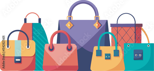A vibrant collection of stylish handbags and fashion accessories in diverse designs and sizes, perfect for trendy looks.