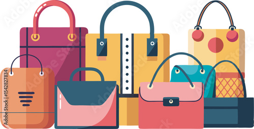A vibrant collection of stylish handbags and fashion accessories in diverse designs and sizes, perfect for trendy looks.