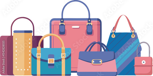 A vibrant collection of stylish handbags and fashion accessories in diverse designs and sizes, perfect for trendy looks.