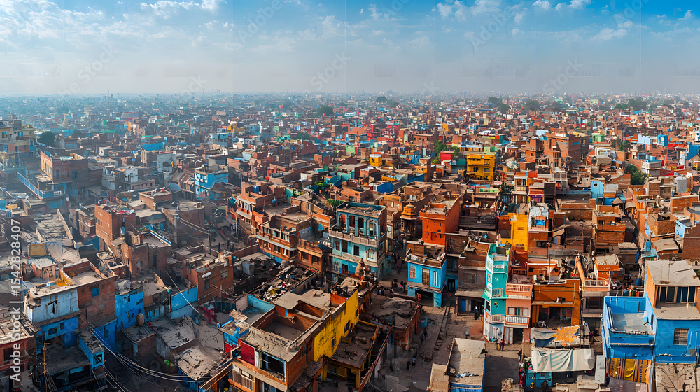 Obraz premium Aerial view of poor indian town Varsana, Barsana. High resolution panorama for large format printing