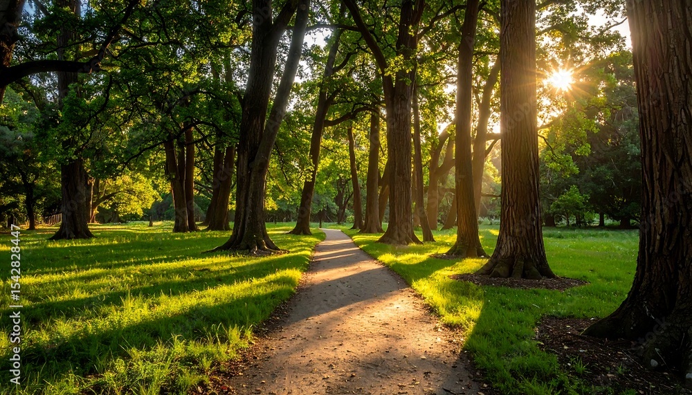 Obraz premium A tranquil park landscape bathed in the golden light of late afternoon featuring a winding pathway.