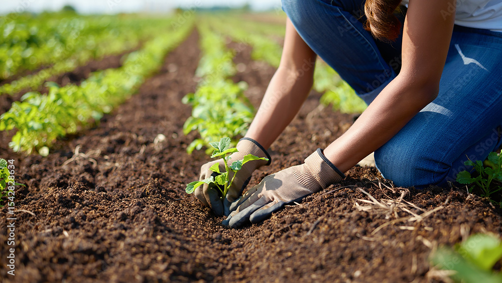 Fototapeta premium Farmer Planting Seedlings in Fertile Soil Nurturing New Life and Growth in the Field for a Successful Harvest Season