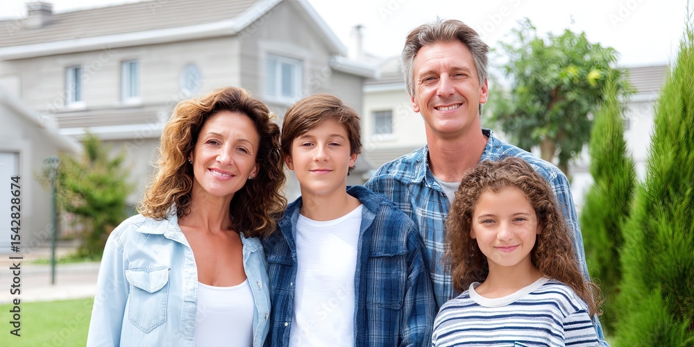 Obraz premium dynamic angle photo of happy diverse family dynamic poses in front yard of house. mom, dad, son, daughter