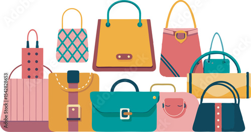 A vibrant collection of stylish handbags and fashion accessories in diverse designs and sizes, perfect for trendy looks.