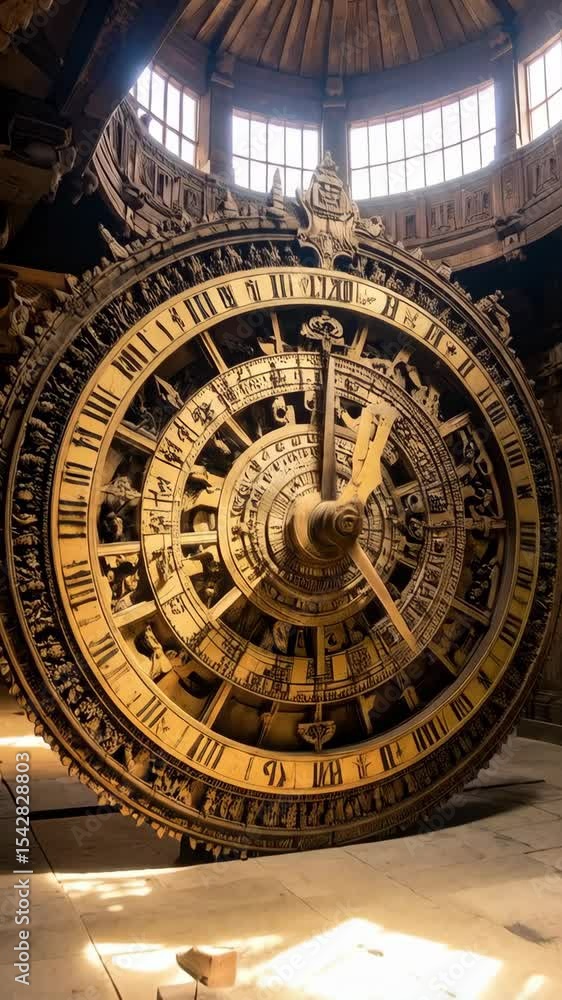 Intricate astronomical clock inside domed structure with Roman numerals and decorative carvings. Intricate astronomical clock inside domed structure with Roman numerals and decorative carvings.