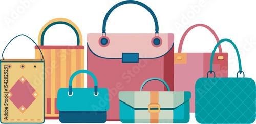 A vibrant collection of stylish handbags and fashion accessories in diverse designs and sizes, perfect for trendy looks.