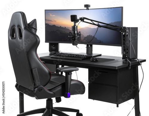 Corner Angle View of Ultra-Wide Monitor Gaming Station with Streaming Mic, isolated on transparent background.