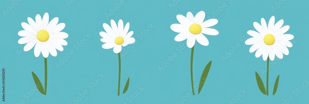 Fototapeta premium Three different sized daisies on a light teal background