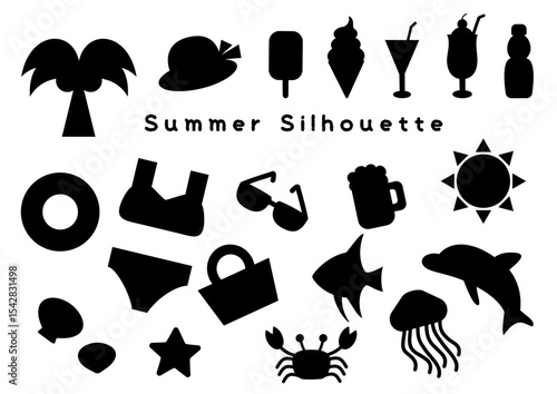 夏の海モチーフのシルエットアイコンセット