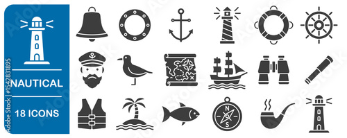 Marine and Seafaring Icon Set. Nautical Adventures and Maritime Exploration. Ancient Sail Ship, Captain, Anchor, lighthouse, Binoculars, helm, compass. Vector illustration icons