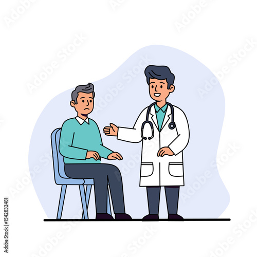 Friendly male doctor talking to an elderly male patient sitting on a chair. Medical consultation concept with cheerful physician giving advice in a hospital setting