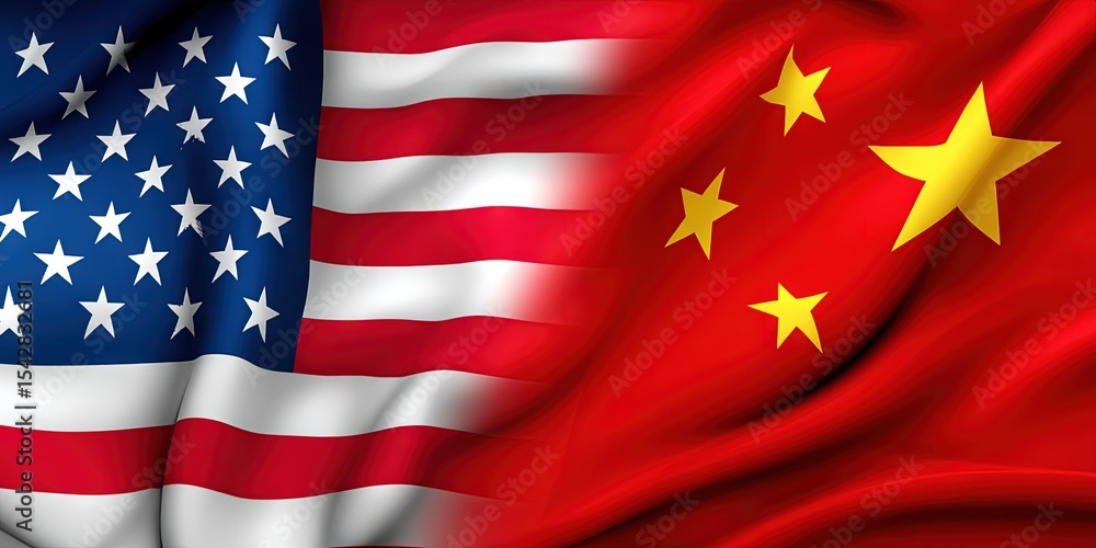 Fototapeta premium photo of american flag on left and china flag on right 