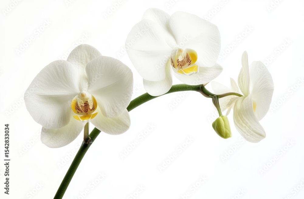 Obraz premium Close-up of three white orchids on a stem against white background