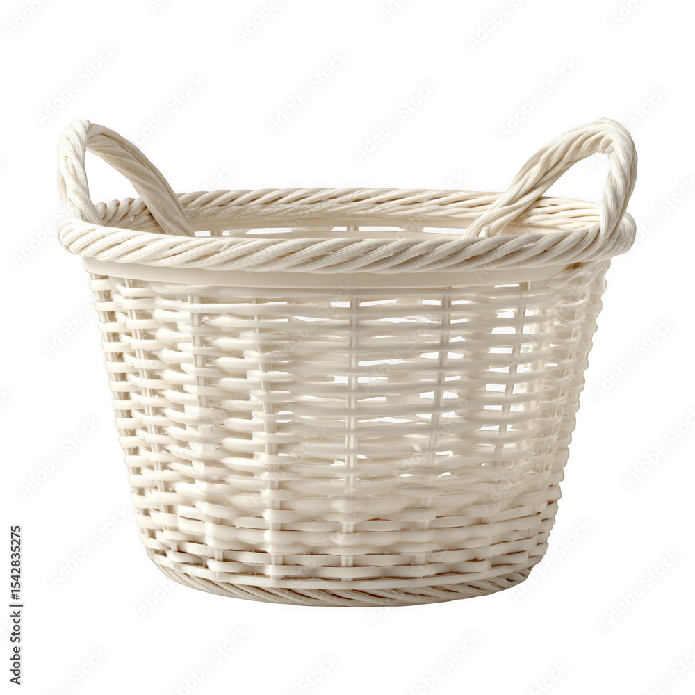 Obraz premium A round white wicker basket with two sturdy handles, woven tightly for durability and functionality.