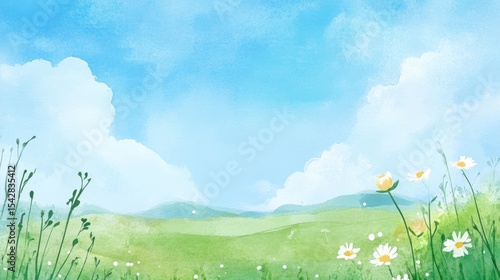 Peaceful meadow landscape watercolor illustration