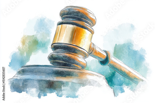 Law and justice concept. Judge's gavel in water colors style.
