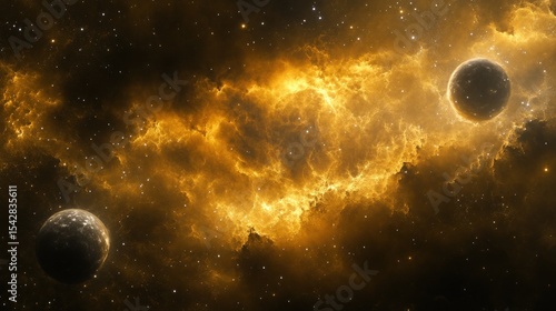 Fototapeta Naklejka Na Ścianę i Meble -  Golden nebula and planets in space