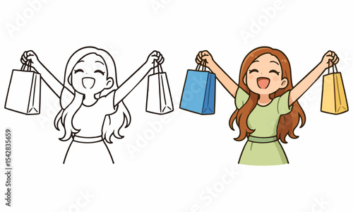 Cute shopping girl coloring page for kids