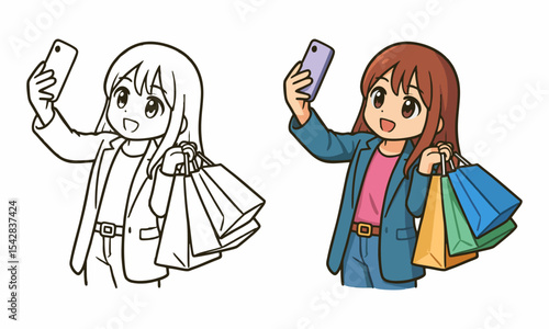 Cute shopping girl coloring page for kids