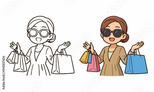 Cute shopping girl coloring page for kids