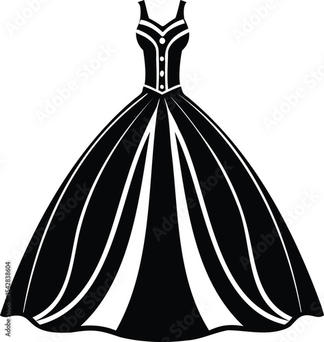 Elegant black dress with buttoned bodice and flared skirt illustration