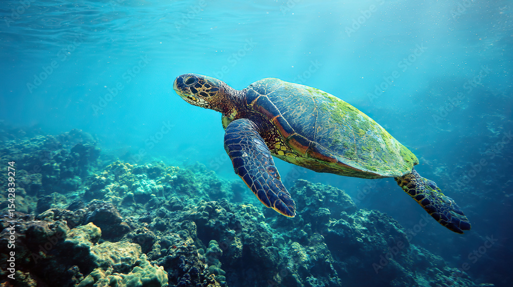 Endangered Hawaiian Green Sea Turtle gliding through ocean waters, a serene glimpse of marine conservation in action Endangered Hawaiian Green Sea Turtle gliding through ocean waters, a serene glimpse of marine conservation in action