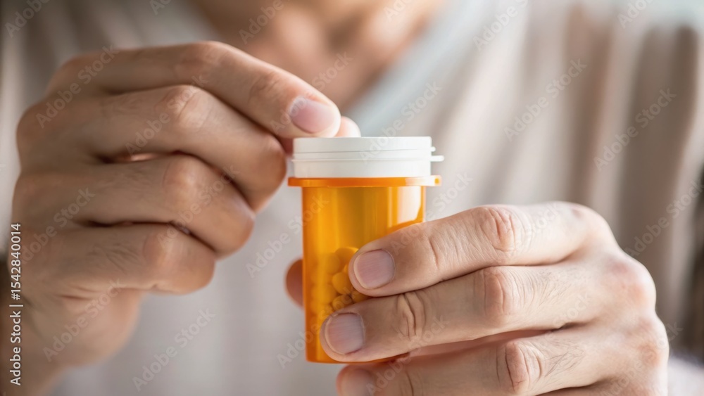 A person is opening a prescription medication bottle, preparing to take medication. A person is opening a prescription medication bottle, preparing to take medication.
