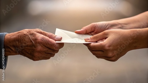 An elderly hand and a younger hand exchange a letter, symbolizing connection and communication across generations.