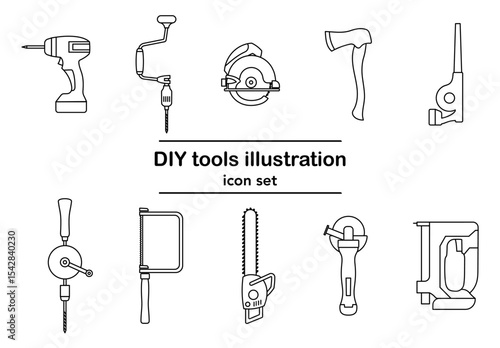 DIYに使う各種工具の線画アイコンセット。ドリル、丸ノコ、ノコギリ、グラインダー、斧、タッカーなど10種類のツールをベクター形式で収録｜電動ドリル, ノコギリ, チェーンソー, 工具, DIY