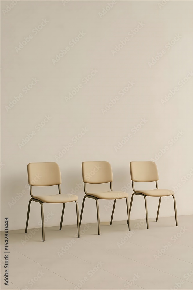Obraz premium Three beige chairs sit quietly in an empty space, evoking a sense of stillness, balance, and quiet contemplation—minimalist and emotionally open.