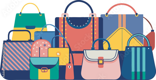 A vibrant collection of stylish handbags and fashion accessories, showcasing diverse designs and sizes perfect for every fashion lover.