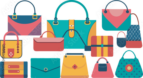 A vibrant collection of stylish handbags and fashion accessories, showcasing diverse designs and sizes perfect for every fashion lover.