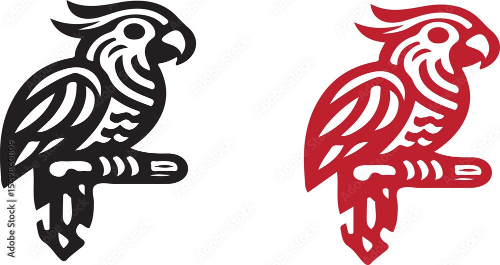 Obraz premium Two parrot illustrations one in black and one in red perched on a branch with white background design