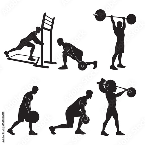 Black and white silhouettes depicting various weightlifting and exercise workout poses