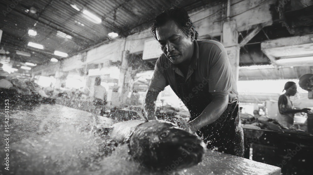 Fish Vendor Processing Catch in Indoor Market with Splash Effect – Black and White Scene Fish Vendor Processing Catch in Indoor Market with Splash Effect – Black and White Scene