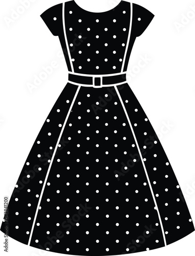 Retro style black dress with white polka dots and a belt