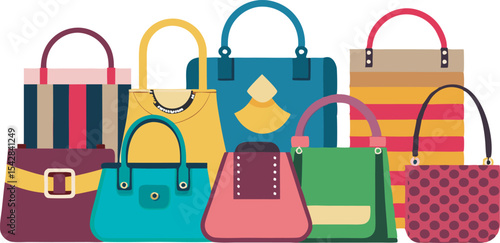 A vibrant collection of stylish handbags and fashion accessories, showcasing diverse designs and sizes perfect for every fashion lover.