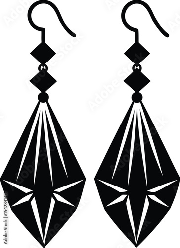 Elegant pair of black geometric diamond drop earrings on a white background