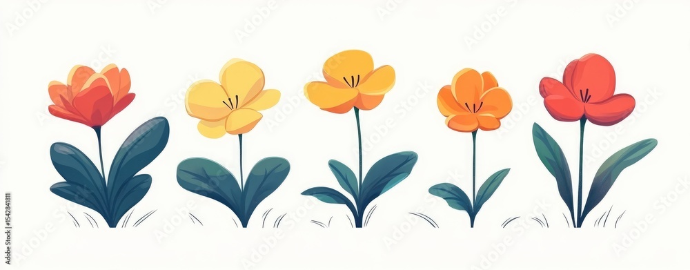 Fototapeta premium Colorful cartoon tulips in varying shades of orange and yellow