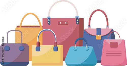 A vibrant collection of stylish handbags and fashion accessories, showcasing diverse designs and sizes perfect for every fashion lover.