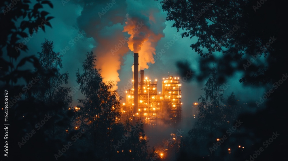 Fototapeta premium Industrial plant at night, smoke rising, trees in foreground