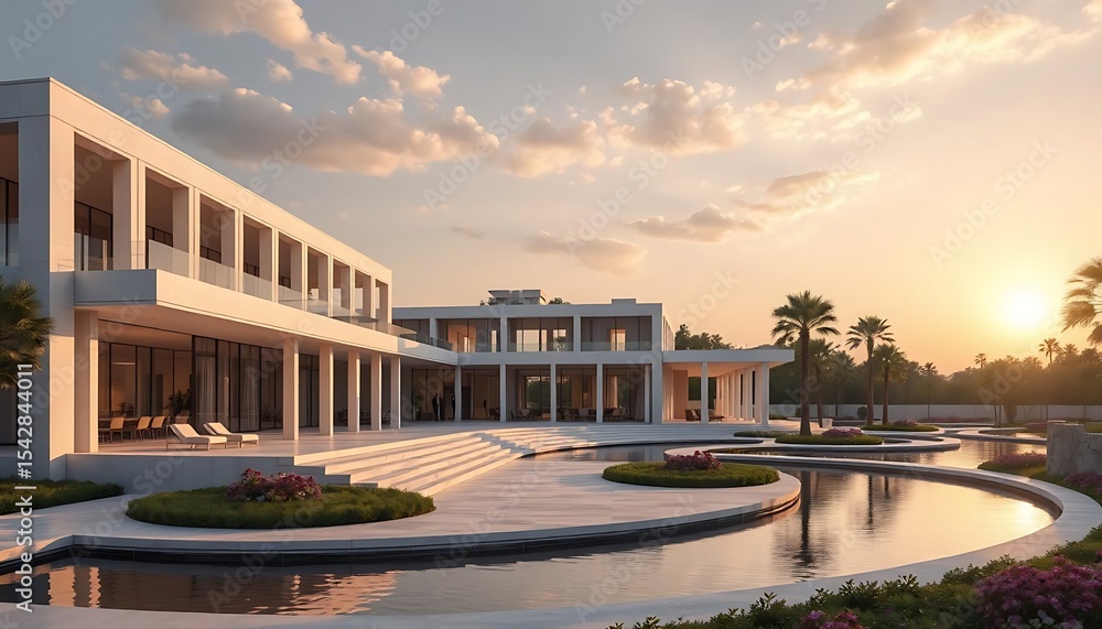 Fototapeta premium Sunlit Modern Mediterranean Villa with Reflective Infinity Pool