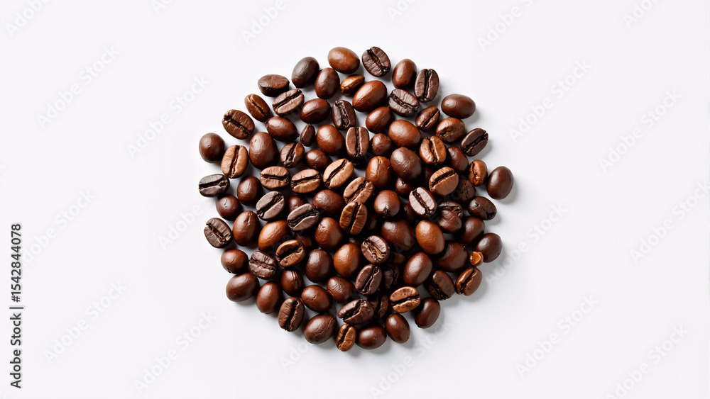 Obraz premium Roasted Coffee Beans: A high-angle shot captures a scattering of rich, brown coffee beans, showcasing their natural textures and appealing roasted appearance, perfect for evoking a sensory experience.