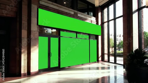 Green Screen Storefront Mockup in Modern Lobby