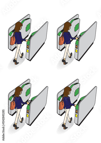 自動改札を通る女性