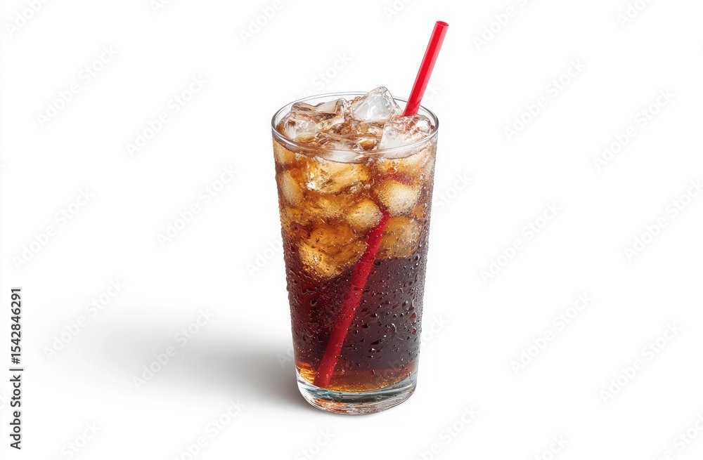 Glass of cola with ice and a red straw Glass of cola with ice and a red straw