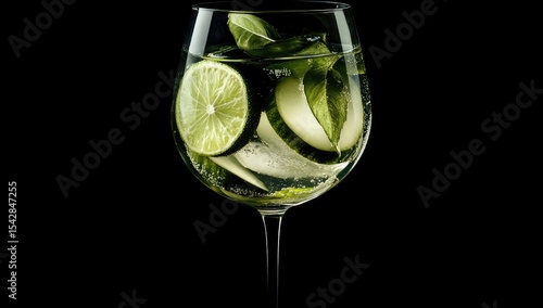Refreshing drink with lime, cucumber, and basil in a wine glass