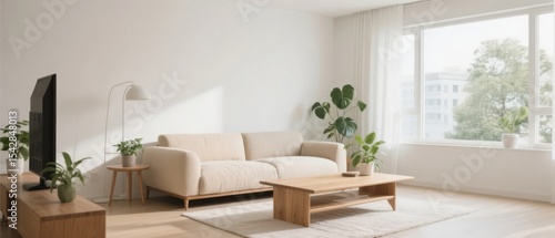 Modern minimalist living room with natural light and simple furniture
