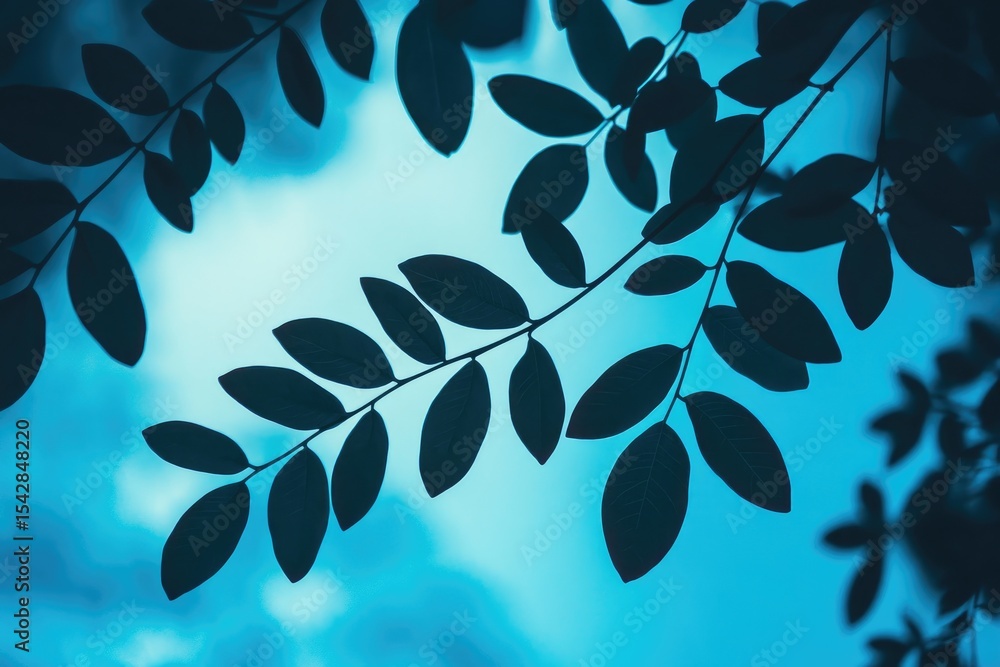 Silhouette of leaves on a tree branch against a blue sky, close-up, with a dark blue and white color palette,  Silhouette of leaves on a tree branch against a blue sky, close-up, with a dark blue and white color palette,